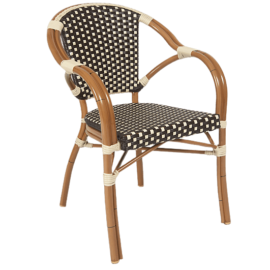 Aluminum Patio Arm Chair in Walnut Finish with Brown & White Faux Wicker