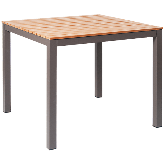 Aluminum Restaurant Patio Table in Rustic Finish with Natural Faux Teak Slats