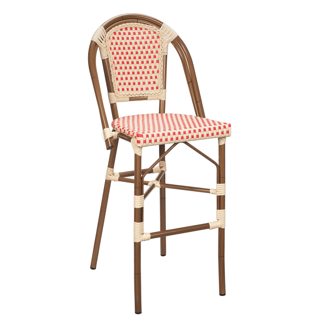 Aluminum Bamboo Patio Bar Stool With Red and Cream Rattan