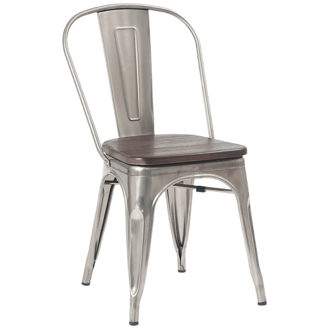 Bistro Style Metal Chair in Clear Finish and Walnut Wood Seat