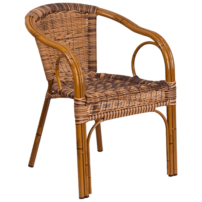 Aluminum Bamboo Patio Chair with Brown Rattan and Cherry Frame Finish