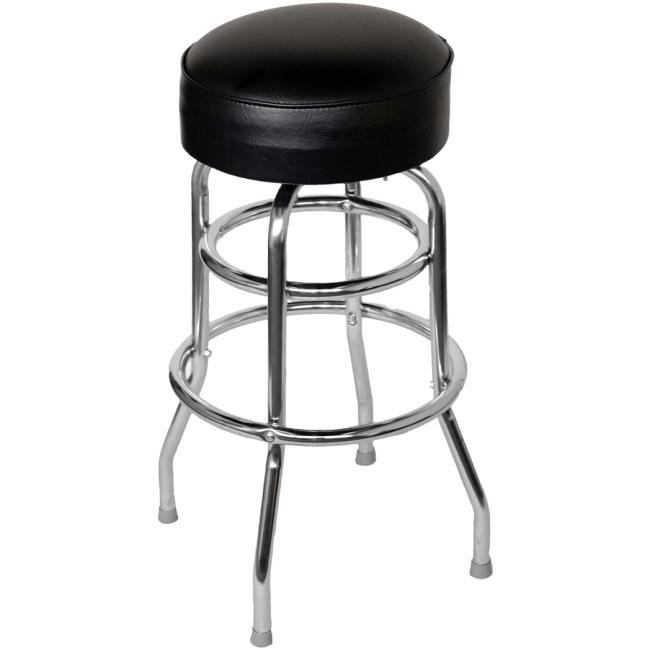 Chrome Bar Stool with a Double Ring Frame and Black Vinyl Padded Seat