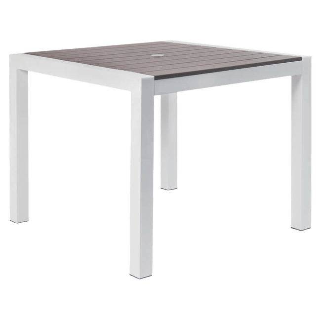 White Aluminum Restaurant Patio Table with Grey Faux Teak Top