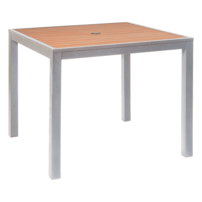 Aluminum Restaurant Patio Table in Grey Finish with Natural Finish Faux Teak Slats