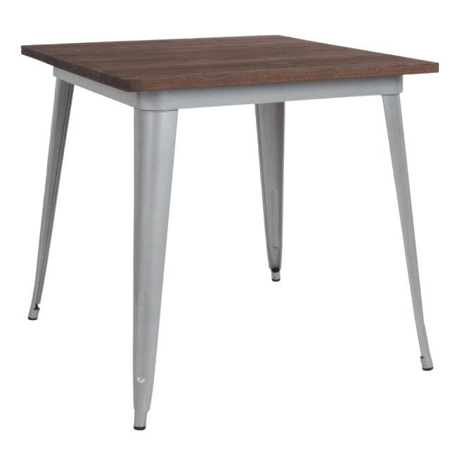 Industrial Silver Restaurant Table with Dark Walnut Wood Top