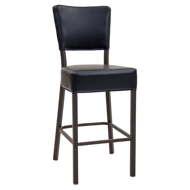 Brown Metal Bar Stool with Black Vinyl Padded Back and Seat