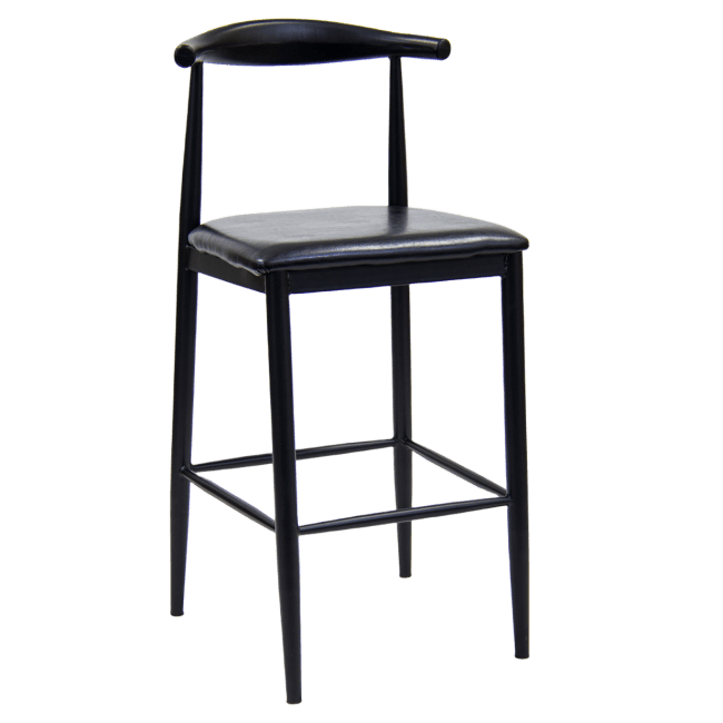 Curved Back Metal Bar Stool in Black Finish with Black Vinyl Seat