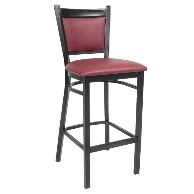 Black Metal Bar Stool with Burgundy Padded Vinyl Seat and Back