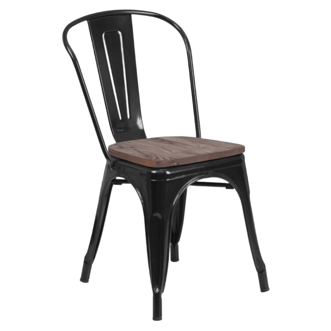 Bistro Style Black Metal Chair with Walnut Wood Seat