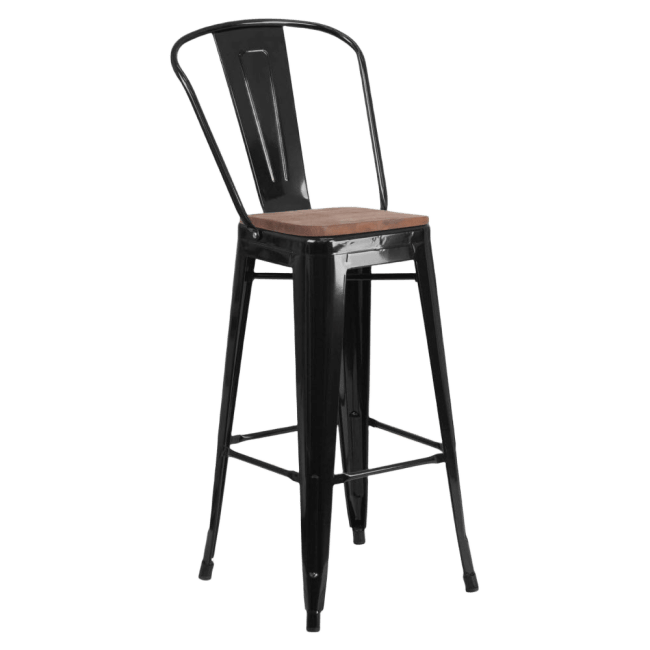 Bistro Style Black Metal Bar Stool with Walnut Wood Seat