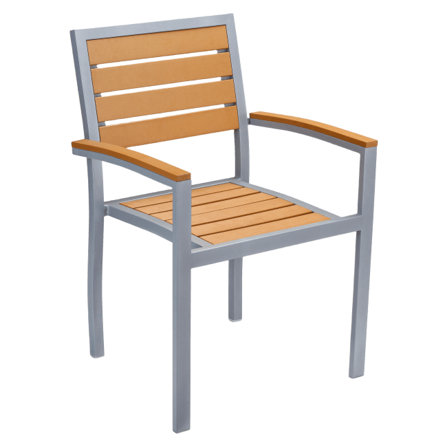 Grey Heavy Duty Patio Arm Chair with Faux Teak in Natural Finish