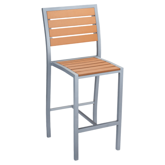 Grey Heavy Duty Patio Bar Stool with Faux Teak in Natural Finish