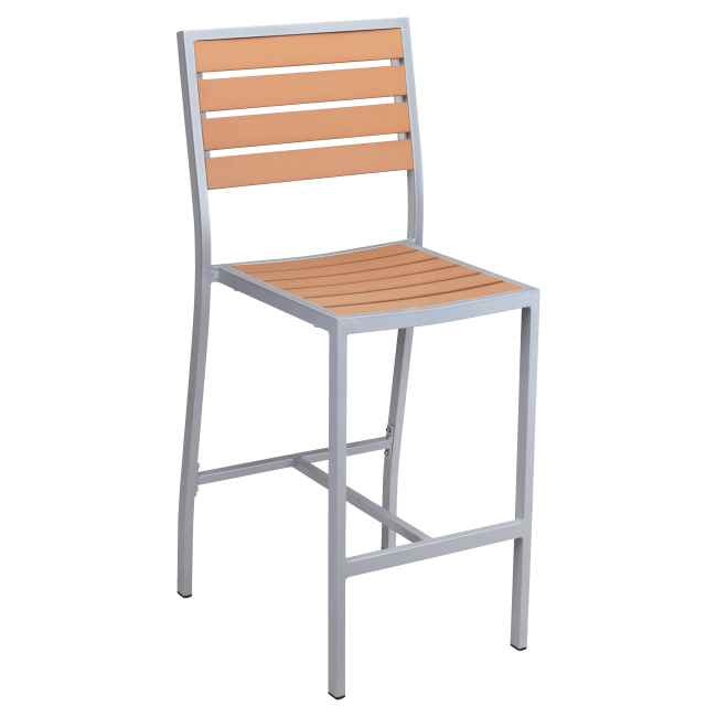 Grey Heavy Duty Patio Bar Stool with Faux Teak in Natural Finish