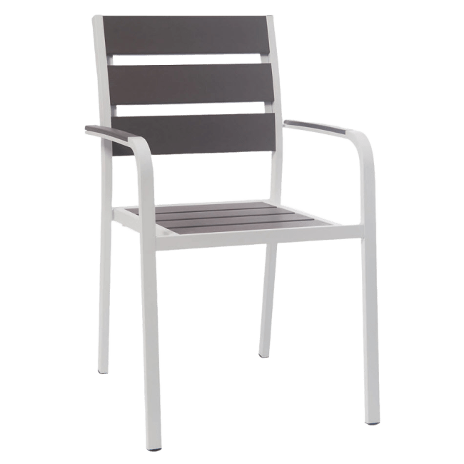 White Aluminum Restaurant Patio Arm Chair with Grey Plastic Teak