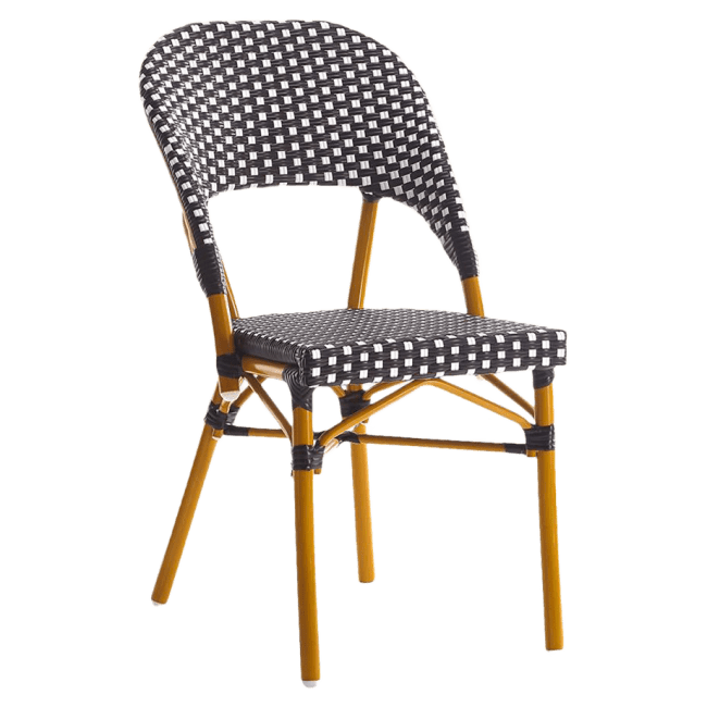 Metal Bamboo Patio Chair with Black and White Rattan and Cherry Frame