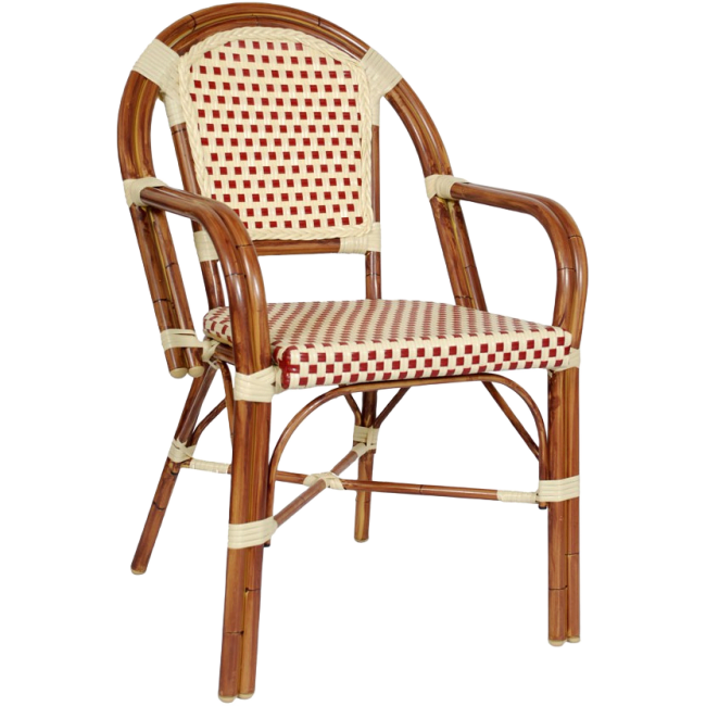 Aluminum Bamboo Cane Arm Chair with Cream and Red Rattan