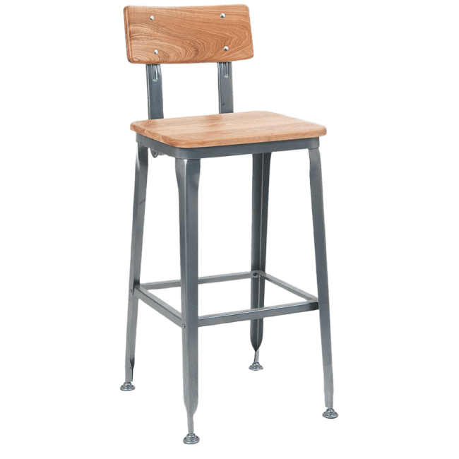 Dark Grey Industrial Style Metal Bar Stool with Natural Wood Finish Back and Natural Wood Seat 
