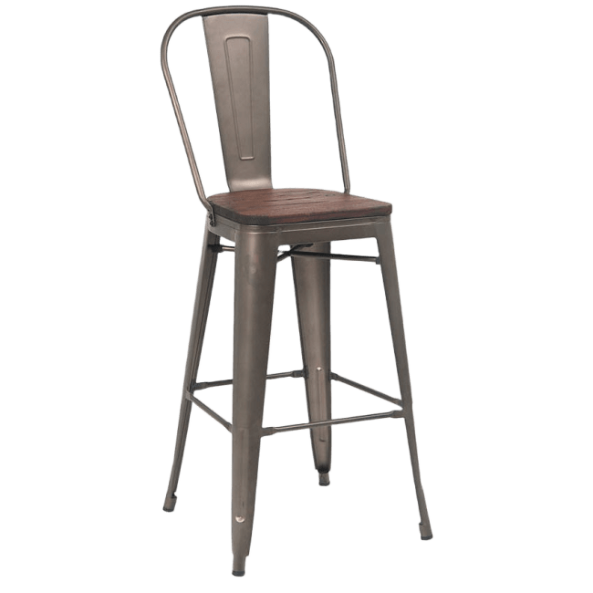Dark Grey Bistro Style Bar Stool with Walnut Wood Seat