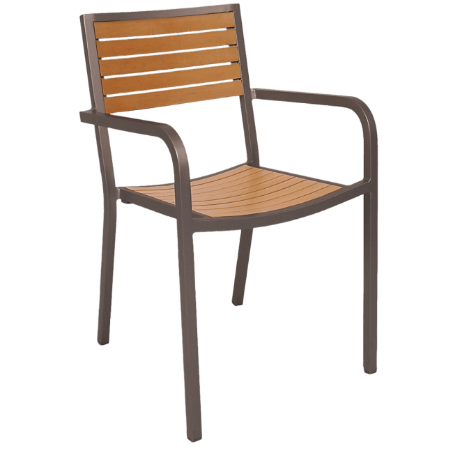 Aluminum Rustic Look Patio Arm Chair with Faux Teak in Natural Finish