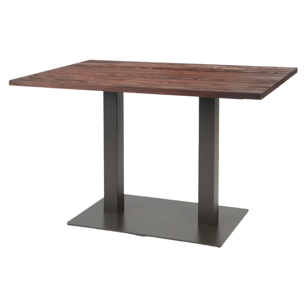 High table with metal base and aged wood top