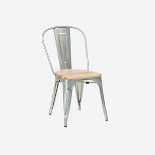 Bistro Style Metal Chair in Silver Finish and Natural Wood Seat