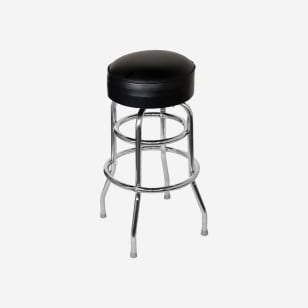 Chrome Bar Stool with a Double Ring Frame and Black Vinyl Padded Seat
