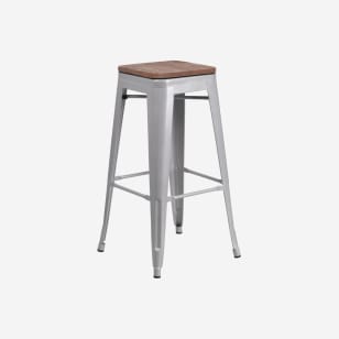 Bistro Style Silver Metal Backless Bar Stool with Walnut Wood Seat