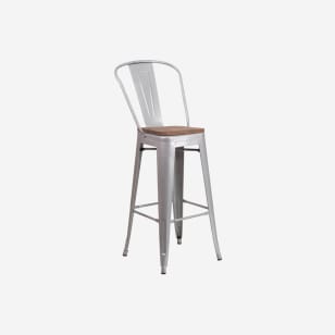 Bistro Style Silver Metal Bar Stool with Walnut Wood Seat