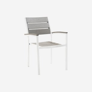 White Metal Armchair with Grey Finish Faux Teak