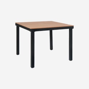 Patio Table with Natural Plastic Teak Top and Black Metal Frame