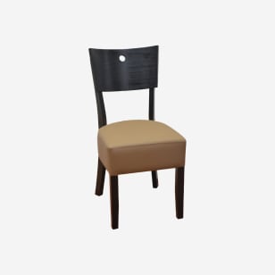 Designer Curved Back Wood Restaurant Chair in Black Finish and Tan Padded Vinyl Seat