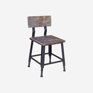 Black Industrial Style Metal Chair in Distressed Walnut Wood Back and Distressed Walnut Wood Seat 